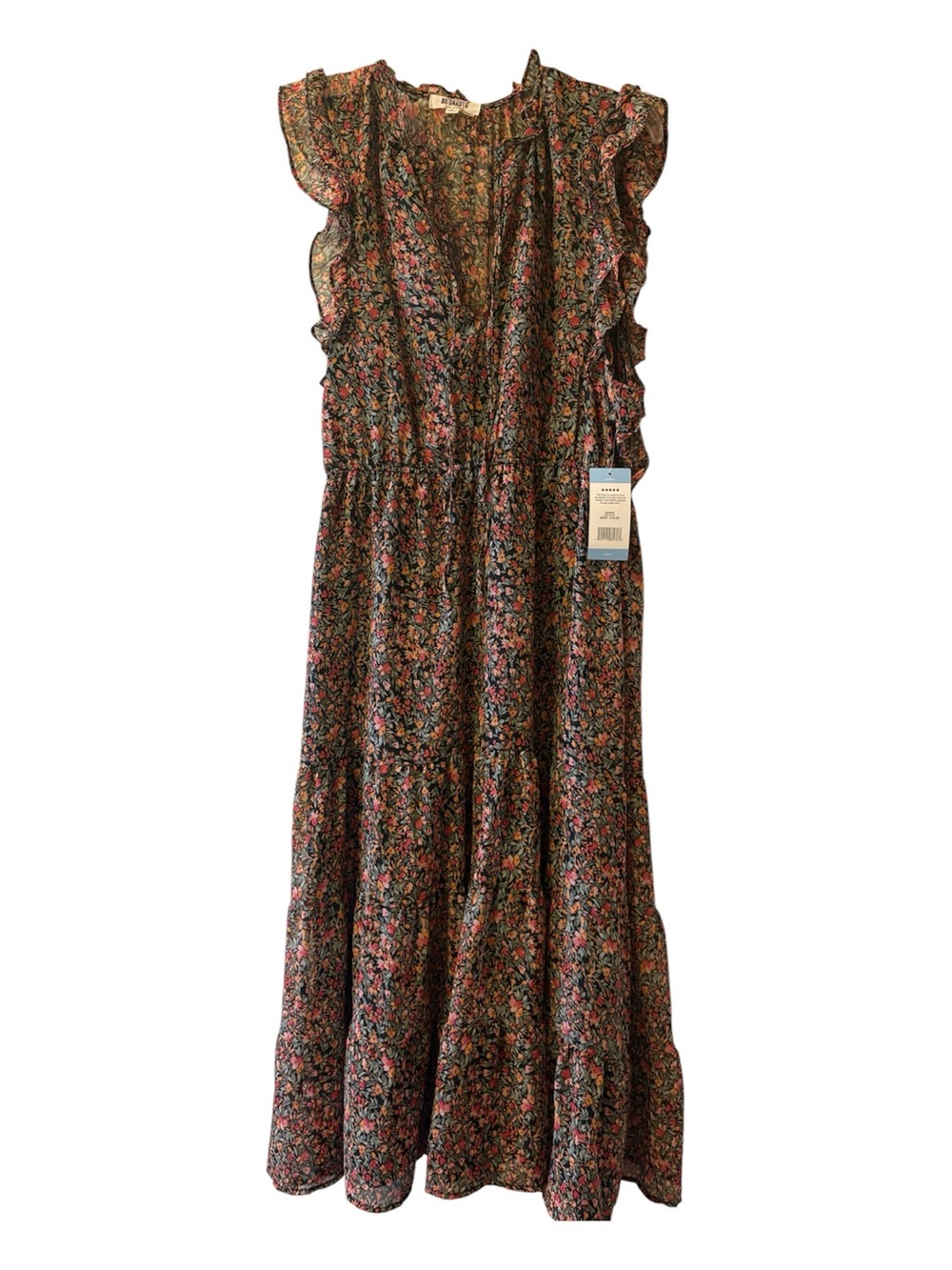 NWT BB Dakota lightweight Floral Ruffle Maxi Dress in Black and Pink size L